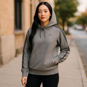 Adidas Women Gray 3 Stripes Long Sleeve Pullover Pocket Hoodie Sweatshirt XS 064